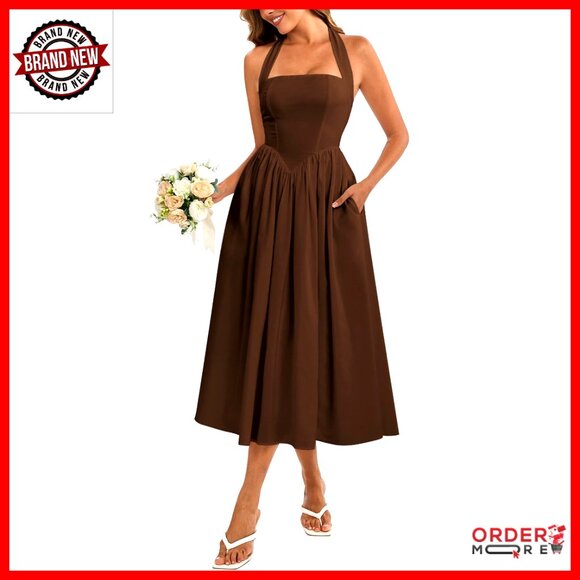 Floral Halter Corset Midi Dress Elegant Smocked Wedding Guest with Pockets